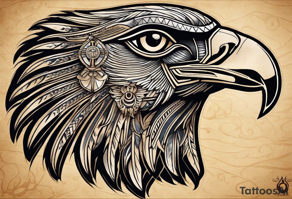 The tattoo depicts Horus, the falcon-headed god of the sky and kingship, in a dynamic and powerful stance. His falcon head is detailed with sharp, lifelike feathers and intense eyes, capturing his vigilant and authoritative nature. His human body is adorned with traditional Egyptian attire, including the crown of Upper and Lower Egypt. Horus is often shown with an outstretched wing or holding a scepter, which is intricately detailed. The realistic shading and attention to anatomical detail emphasize his strength and regal bearing. tattoo idea