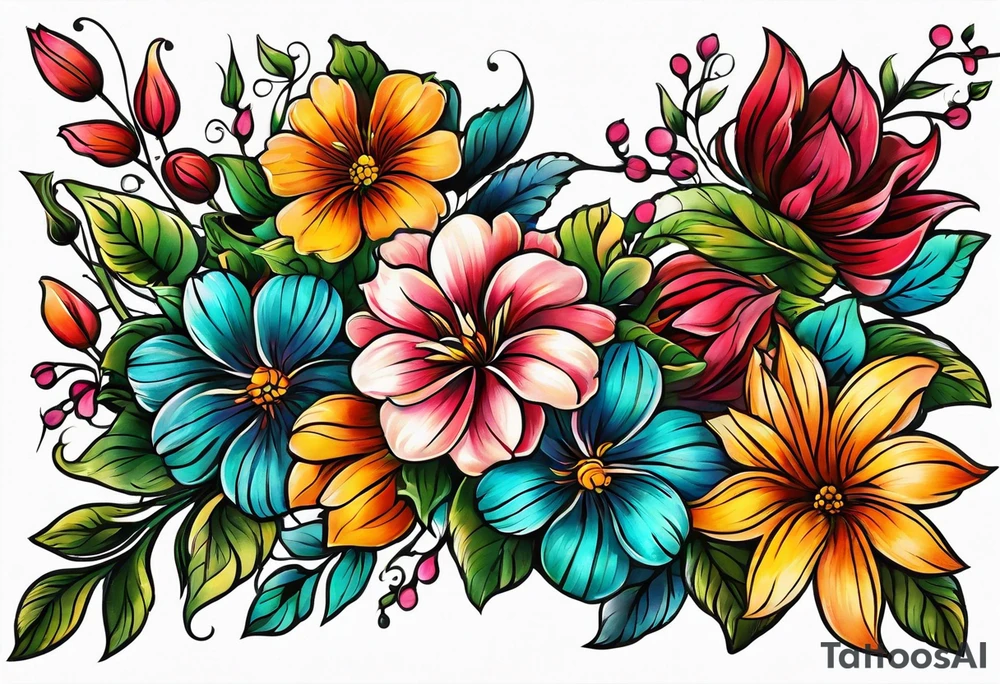 vintage colorful floral print tattoo idea