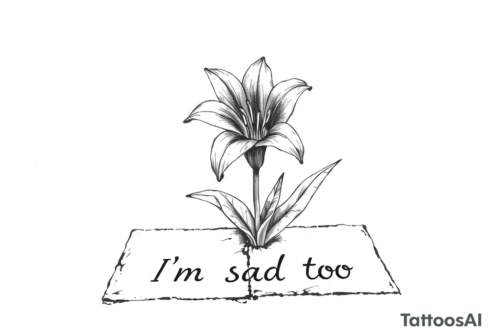 Lily growing out of tile floor with the words I’m sad too written small in the grout between two tiles tattoo idea