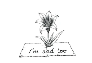 Lily growing out of tile floor with the words I’m sad too written small in the grout between two tiles tattoo idea
