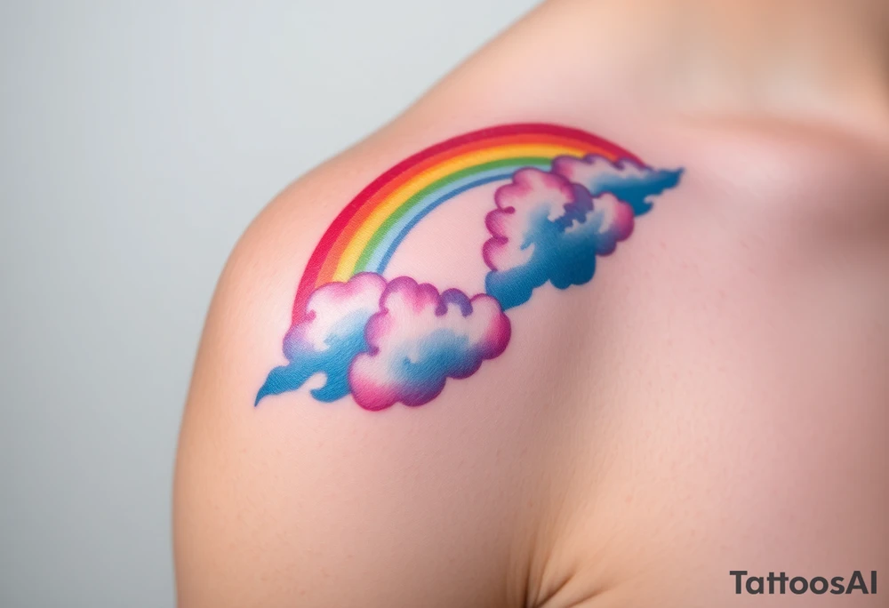 A vibrant rainbow stretching across a cloudy sky, with soft pastel gradients, symbolizing hope after a storm tattoo idea