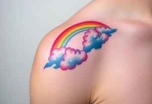 A vibrant rainbow stretching across a cloudy sky, with soft pastel gradients, symbolizing hope after a storm tattoo idea