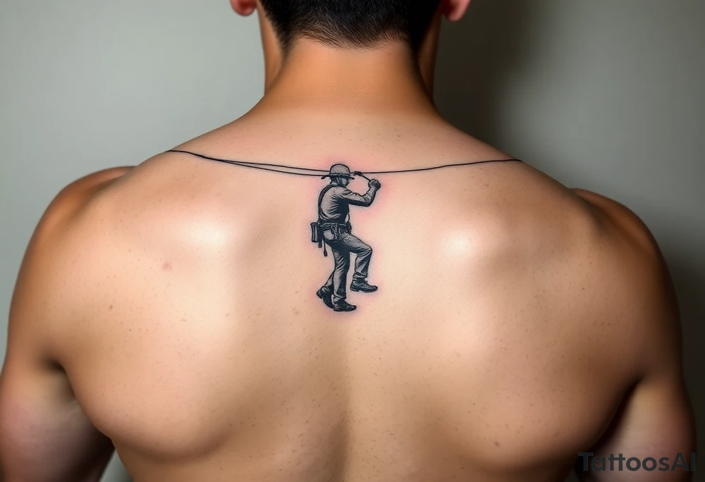 realistic tattoo of a power lineman climbing a wooden pole that fits on the inside of the forearm tattoo idea