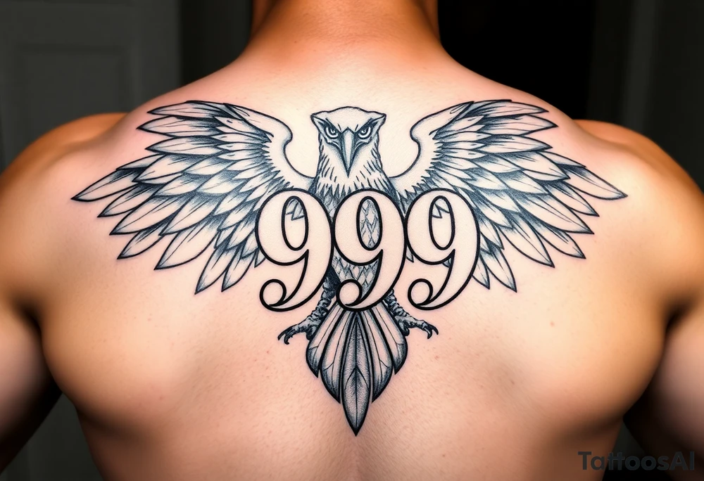 The number 999 in the middle with a majestic eagle around it tattoo idea
