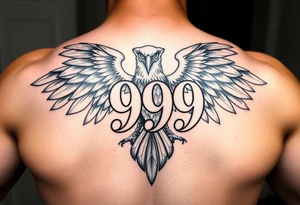 The number 999 in the middle with a majestic eagle around it tattoo idea