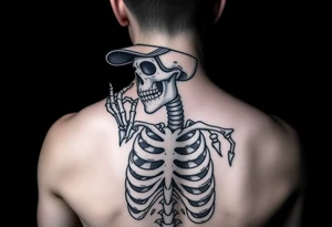 Skeleton with a fun ball cap doing devil s horn with fingers tattoo idea