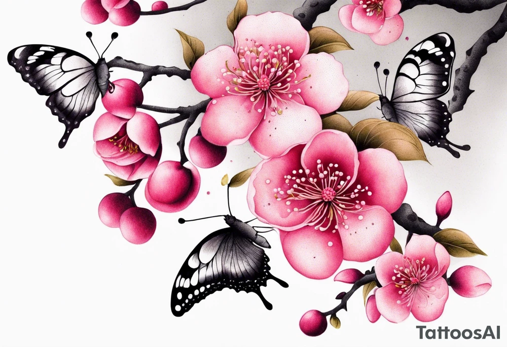 Vibrant, pink plum blossom branches with butterflies tattoo idea