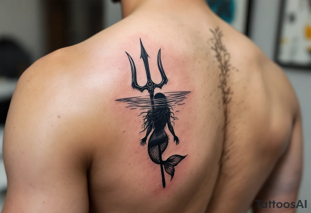 trident half way under calm water with mermaid tattoo idea