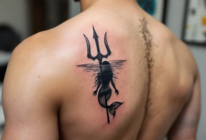 trident half way under calm water with mermaid tattoo idea