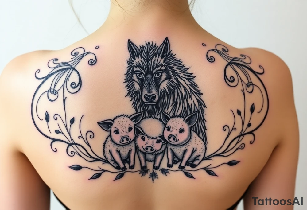 nursery rhyme big bad wolf wearing a costume of a sheep to eat the pigs
Farm and three little pigs tattoo idea