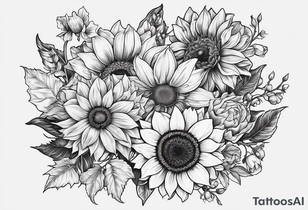 Sunflower daffodil, daisy, rose, Adler, chrysanthemum, holly Birth flower tattoo idea