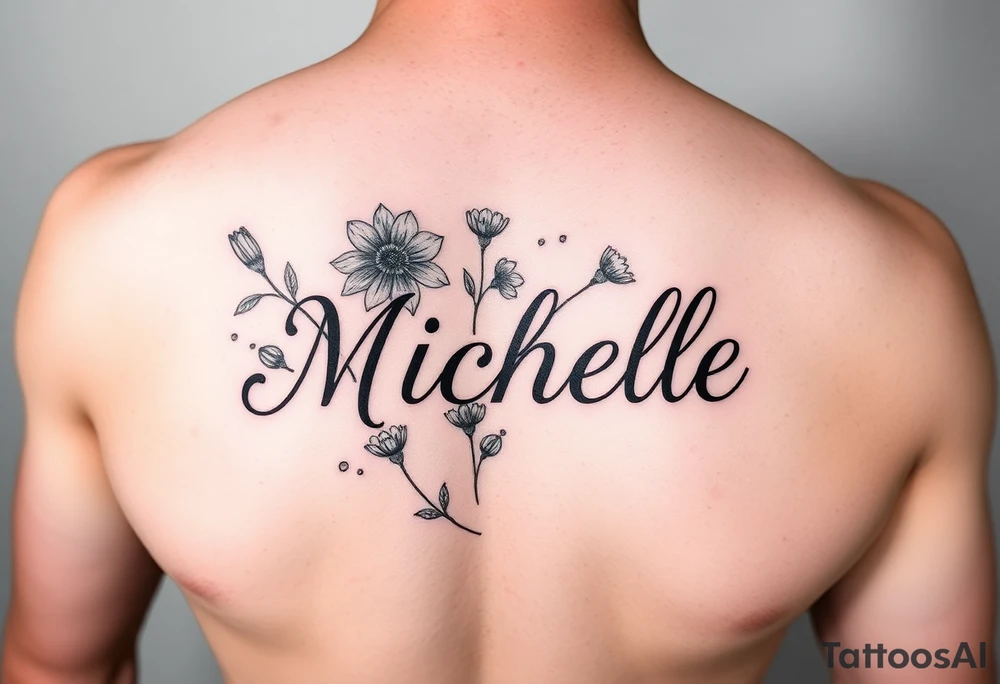 Create a tattoo on a man’s chest of the name Michelle. Wildflower theme tattoo idea
