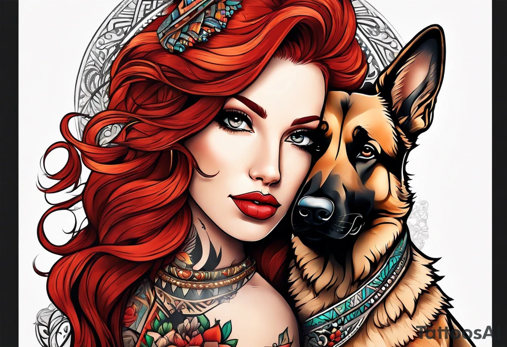 red hair woman with German shepherd dog tattoo idea