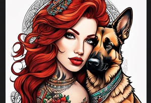 red hair woman with German shepherd dog tattoo idea