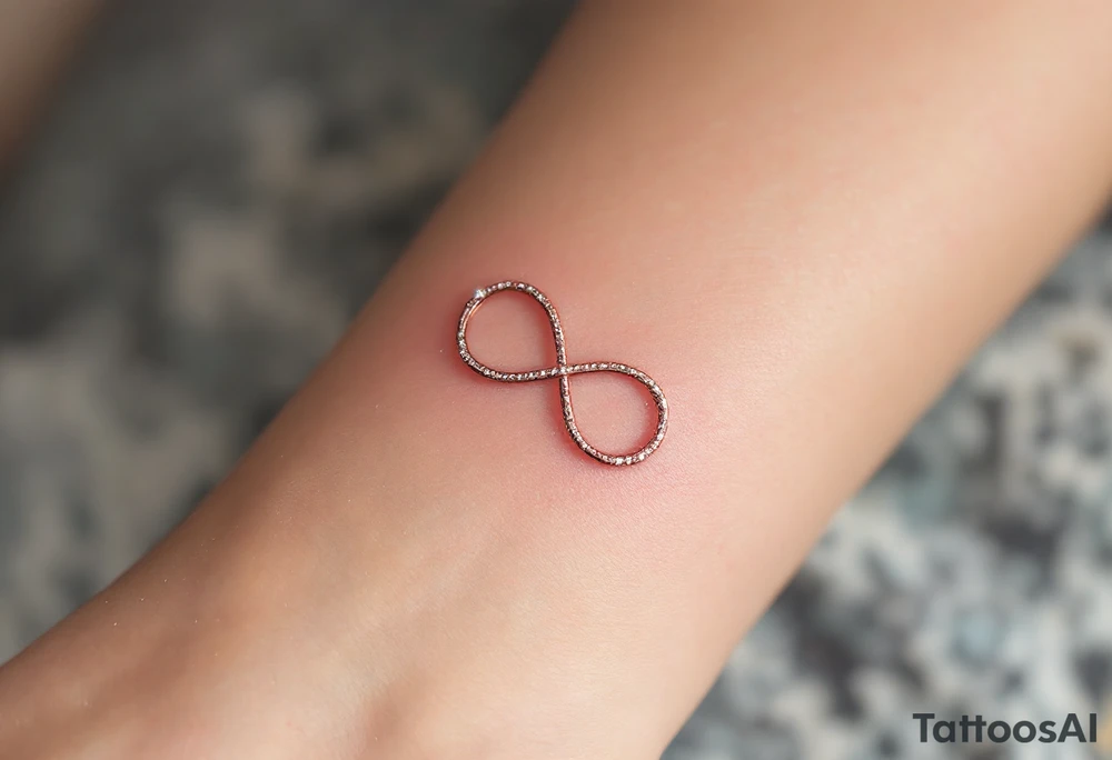 A thin, minimalist infinity outline in rose gold, with tiny white sparkles accenting the curves. tattoo idea