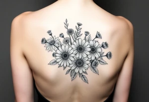 Honeysuckle, marigold, chrysanthemum, and violet bouquet tattoo idea