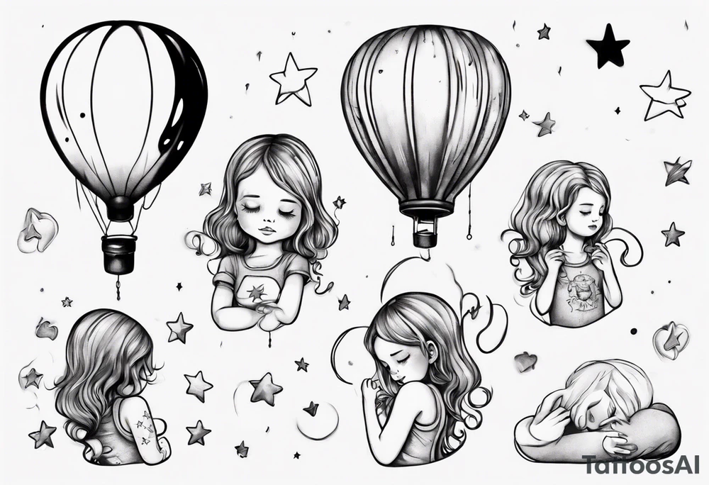 Hot water balloon with star and heart balloons and little girl inside dreaming tattoo idea