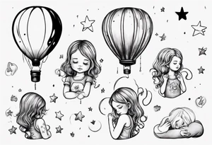 Hot water balloon with star and heart balloons and little girl inside dreaming tattoo idea