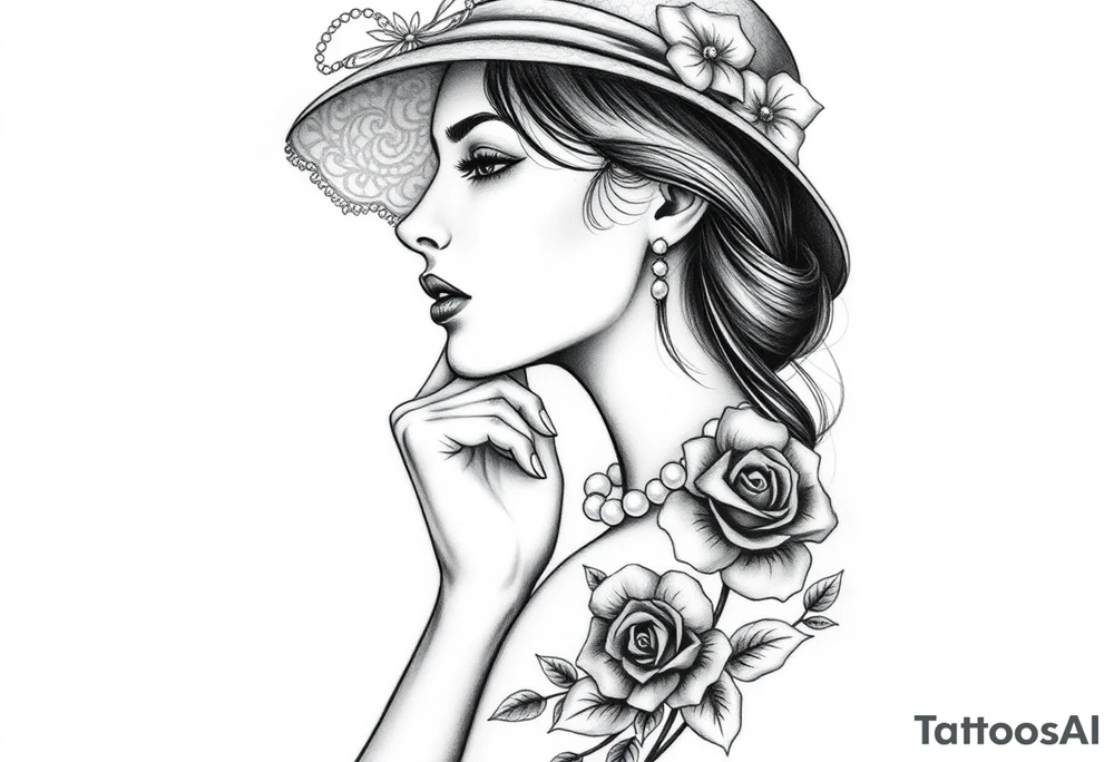 Black and white profile of woman with chin pressed on hand, hat with lace covering her eyes as she looks to the distance
, pearl necklace In her mouth with red lips flowers around her with one red rose standing out thigh tattoo tattoo idea