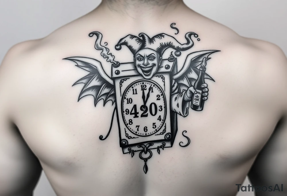 jack in the box
the box as a clock with the time 420
two open wings besides the clock
smoke as the spring
a jester clown coming out the smoke
smoking in one hand with a liquor bottle on the other hand tattoo idea