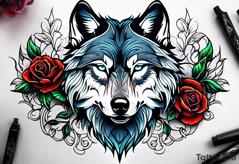 Wolf combined with roses and skulls tattoo idea