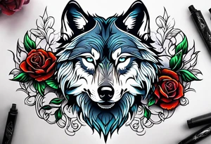 Wolf combined with roses and skulls tattoo idea