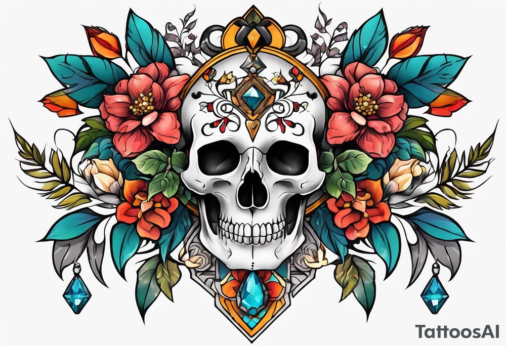 Neo traditional floral chest piece with animal skull and gems tattoo idea