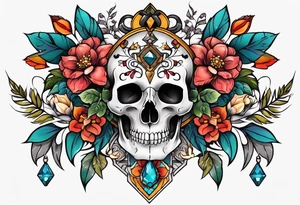 Neo traditional floral chest piece with animal skull and gems tattoo idea