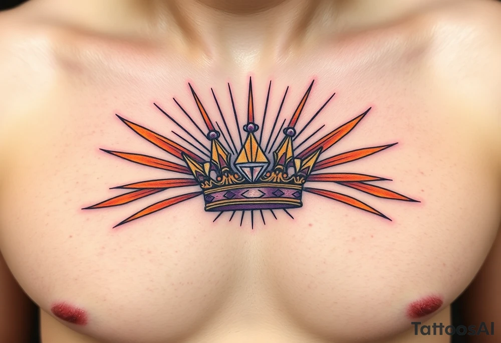 A crown with a diamond at the center and rays of light emanating from it, colored in deep purple, gold, and fiery orange, symbolizing power and strength tattoo idea