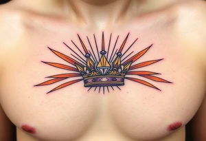 A crown with a diamond at the center and rays of light emanating from it, colored in deep purple, gold, and fiery orange, symbolizing power and strength tattoo idea