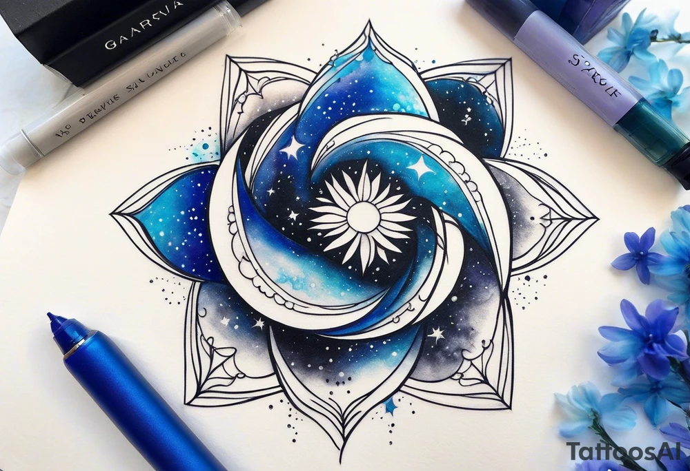 I want the outside black like the space and the galaxy blue different shades  Galaxy spyral tattoo the ones that look like an s shape because they are spinning so fast I want it in all blue but different shades of blue and it will be on my ass cheek so make it cute and conples and very aesthetic NOT a flower or women tattoo idea
