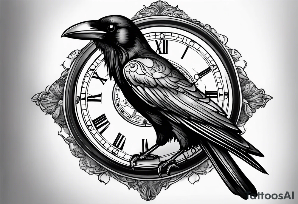 raven perched on clock tattoo idea
