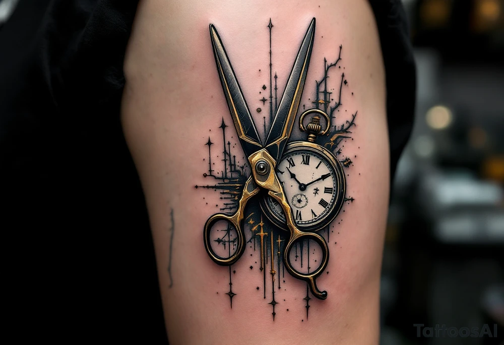 Scissors and Clock Tattoo – A vintage-style pair of brass scissors placed near an old-fashioned pocket watch, with black and gold tones to create a sense of timelessness, symbolizing the passage of time and the precision of moments. tattoo idea