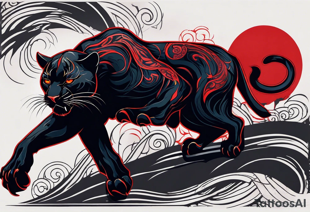 unique black panther tattoo, dynamic pose, showcasing its strength and grace, striking red eyes, intense and captivating elements, artistic flair, blending realism with abstract elements tattoo idea