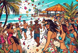 vintage beach dance party with music and confetti, tropical drinks tattoo idea