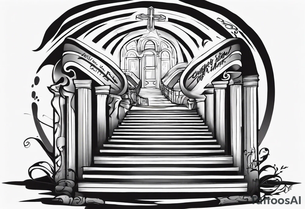Horizontal inner bicep tattoo. “walk by faith, not by sight” stairwell wrapping around the quote. This design captures the essence of the journey guided by faith. tattoo idea