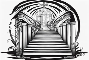 Horizontal inner bicep tattoo. “walk by faith, not by sight” stairwell wrapping around the quote. This design captures the essence of the journey guided by faith. tattoo idea