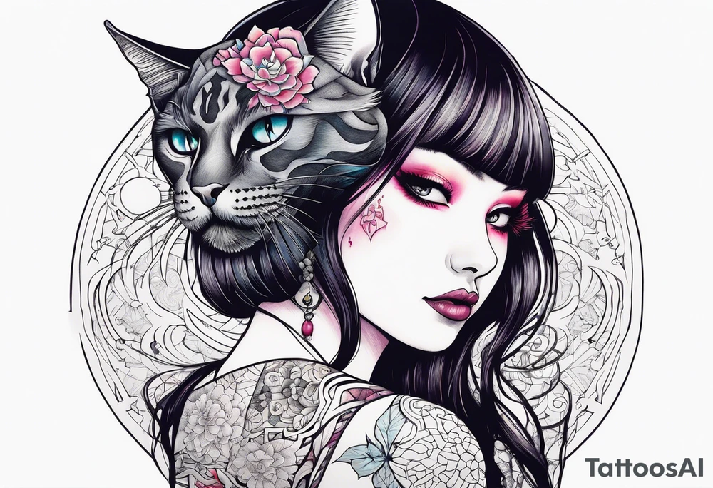 Goth girl with her cosmic cat tattoo idea