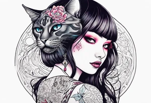 Goth girl with her cosmic cat tattoo idea