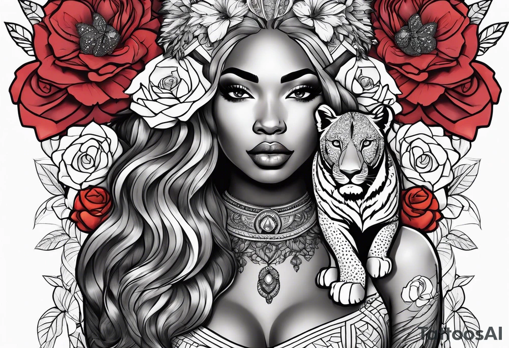 Black women body with a lion, flowers and butterflies tattoo idea