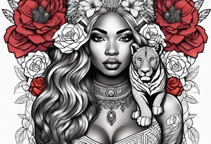 Black women body with a lion, flowers and butterflies tattoo idea