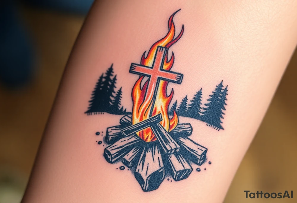 Campfire with cross include the great outdoors and night sky make sure cross doesn't look like it is on fire tattoo idea