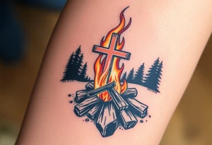 Campfire with cross include the great outdoors and night sky make sure cross doesn't look like it is on fire tattoo idea