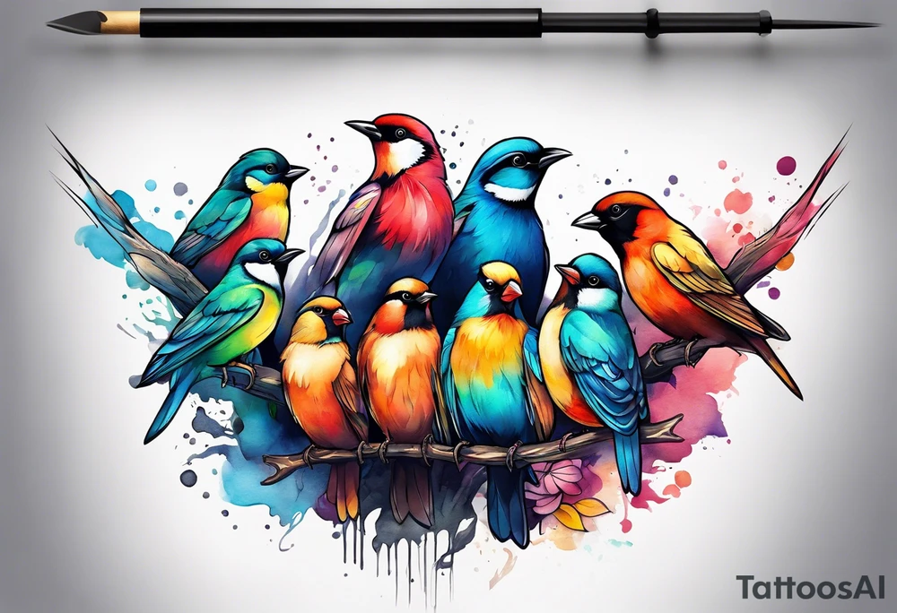 Seven small, colorful birds tattoo idea