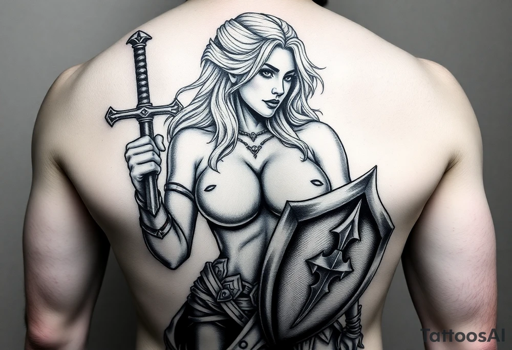 blonde valkyrie with sword and shield -- location calf -- image should show entire body of the valkyrie -- she should have large breasts and beautiful yet tough tattoo idea