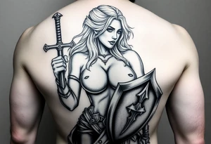 blonde valkyrie with sword and shield -- location calf -- image should show entire body of the valkyrie -- she should have large breasts and beautiful yet tough tattoo idea