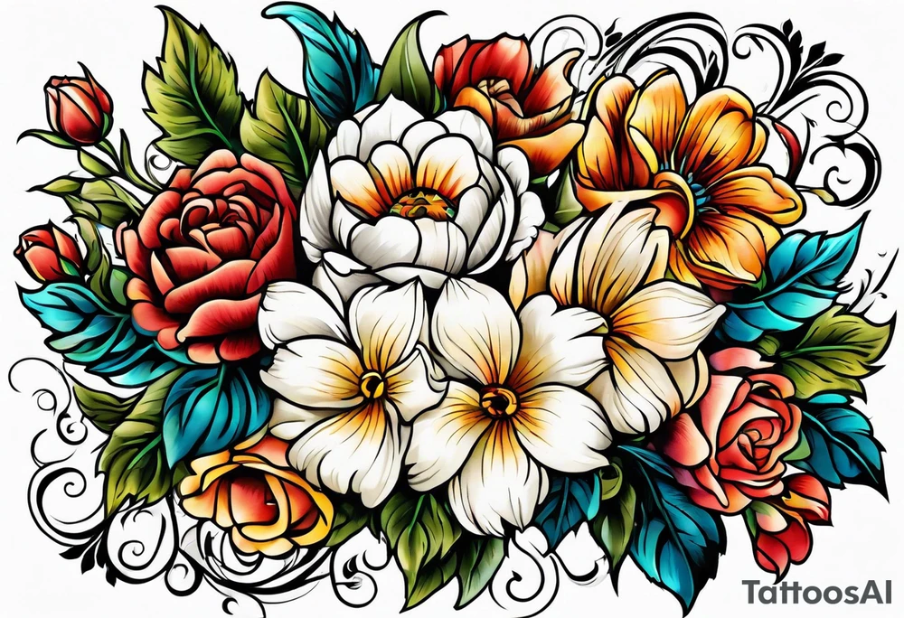 vintage colorful floral print tattoo idea