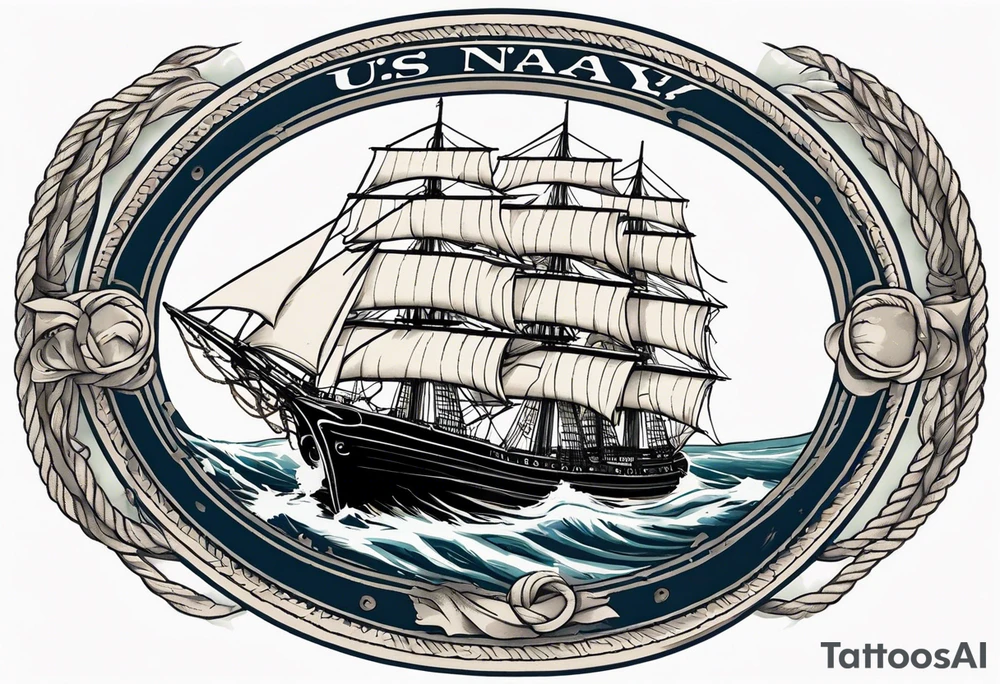 sailing ship in rough seas, front porfile, in oval with rope border, super imposed over crossed cannons, banner at bottom that says US Navy tattoo idea