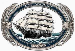 sailing ship in rough seas, front porfile, in oval with rope border, super imposed over crossed cannons, banner at bottom that says US Navy tattoo idea