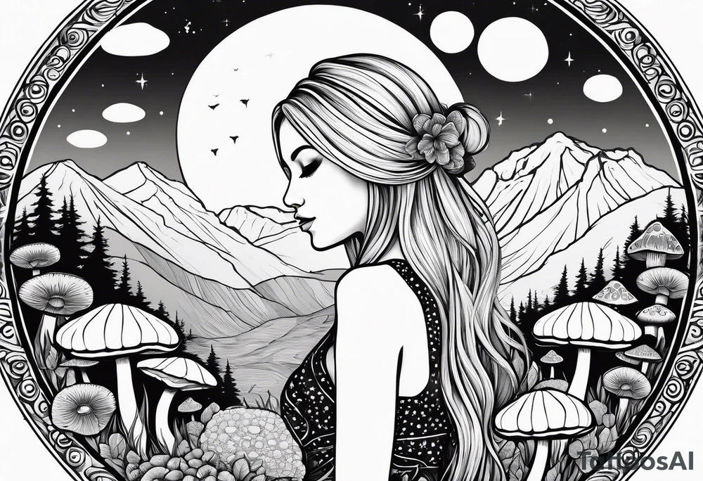 Straight blonde hair girl holding mushrooms in hand meditating facing away toward mountains surrounded by mushrooms crescent moon mandala circular design black and white striped dress tattoo idea
